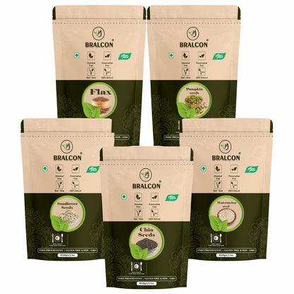 BRALCON Seeds Combo of Chia, Watermelon, Pumpkin, Sunflower, Flax Seeds - 500g (5 x 100g Each Pack)