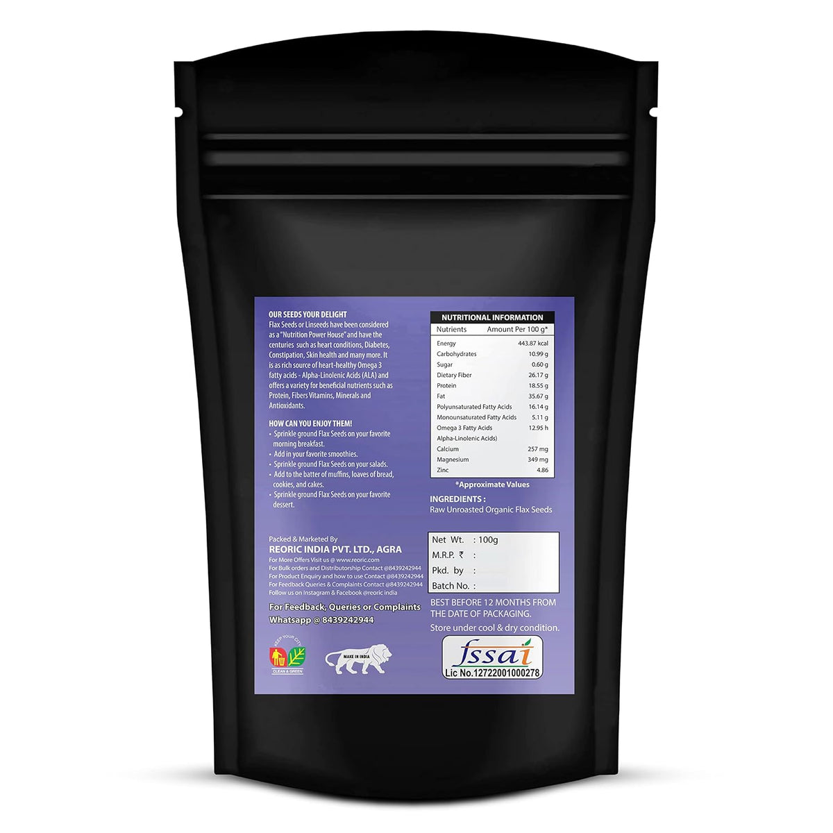 BRALCON Raw Organic Seeds Combo (Flax Seeds -100g, Chia Seeds -100g)