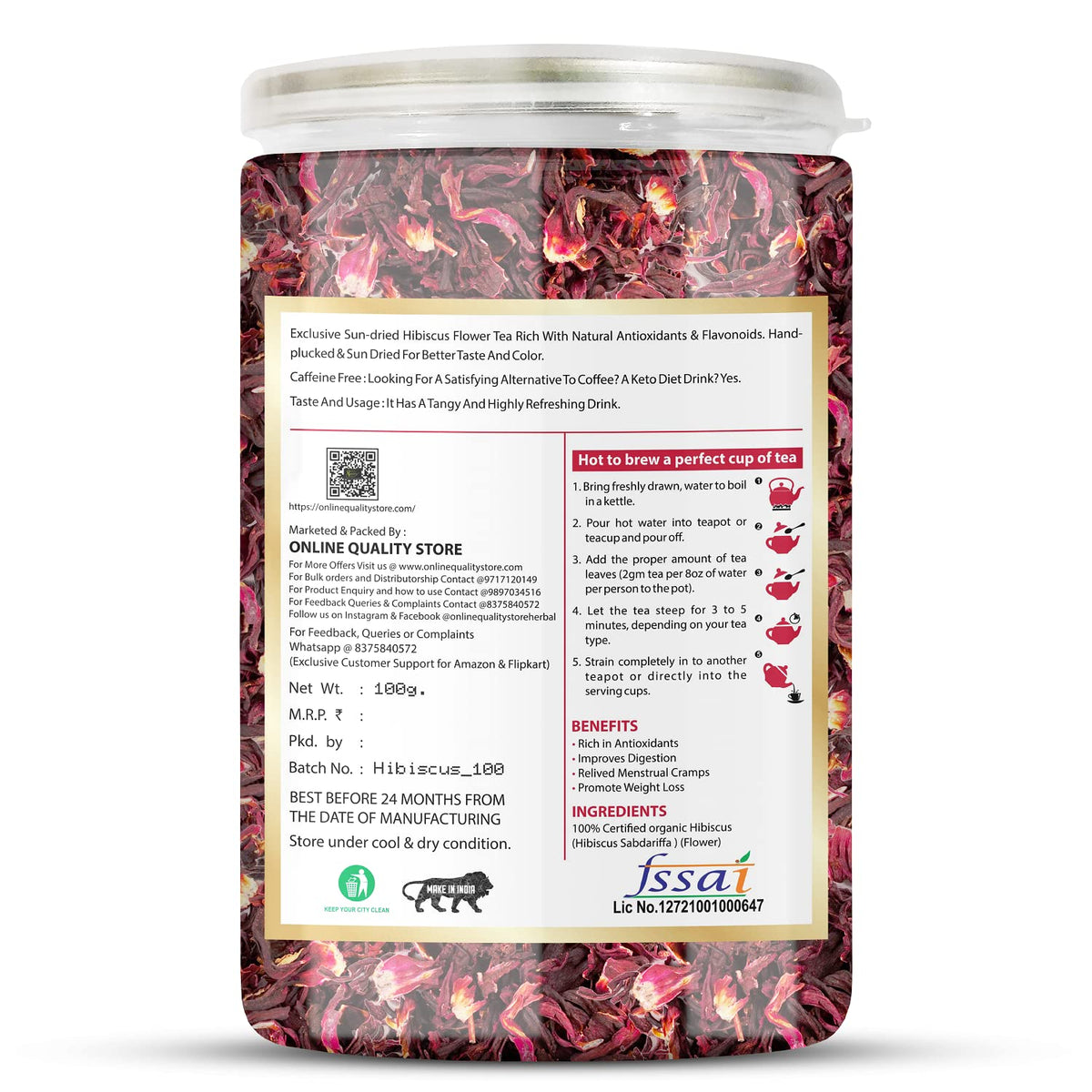 Online Quality Store Organic Hibiscus Flower Tea-100g | Caffeine Free Herbal Tea | Improve Digestion