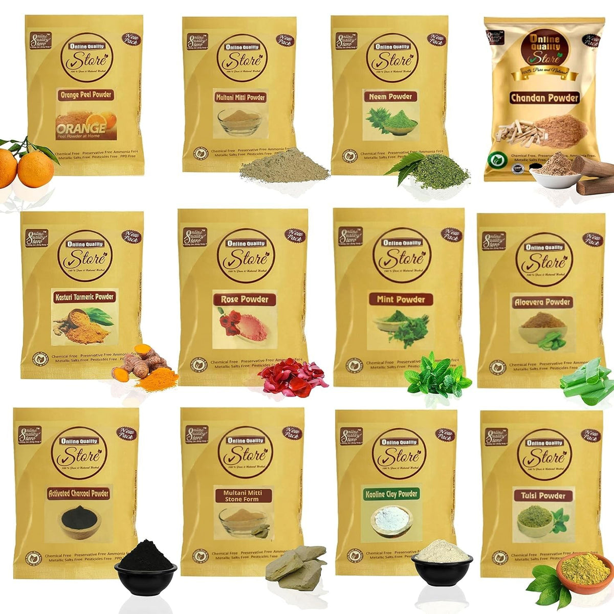 Online Quality Store Combo of 12 Skin Care Products ,(Multani Mitti, Neem, Orange Peel, Rose, Chandan, Charcoal, Mitti Stone, Kaolin Clay, Mint, Haldi,Alovera, Tulsi Powders) |skin care products combo,(Pack of 12 ,50g each ,Total 600 Pack)