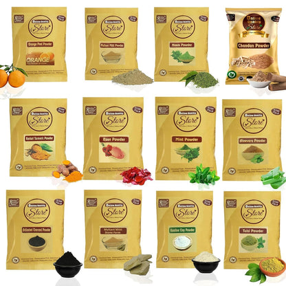 Online Quality Store Combo of 12 Skin Care Products ,(Multani Mitti, Neem, Orange Peel, Rose, Chandan, Charcoal, Mitti Stone, Kaolin Clay, Mint, Haldi,Alovera, Tulsi Powders) |skin care products combo,(Pack of 12 ,50g each ,Total 600 Pack)