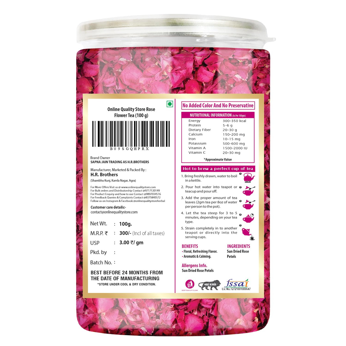 Online Quality Store Organic Rose Flower Tea - 100g | Pure Persian Rose Petals | Caffeine Free Herbal Tea | Use for Iced Tea, Cocktails | Cures Sore throat |Rose Tea |Dried Leaves Rose Herbal Tea