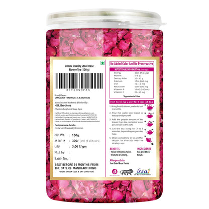 Online Quality Store Organic Rose Flower Tea - 100g | Pure Persian Rose Petals | Caffeine Free Herbal Tea | Use for Iced Tea, Cocktails | Cures Sore throat |Rose Tea |Dried Leaves Rose Herbal Tea