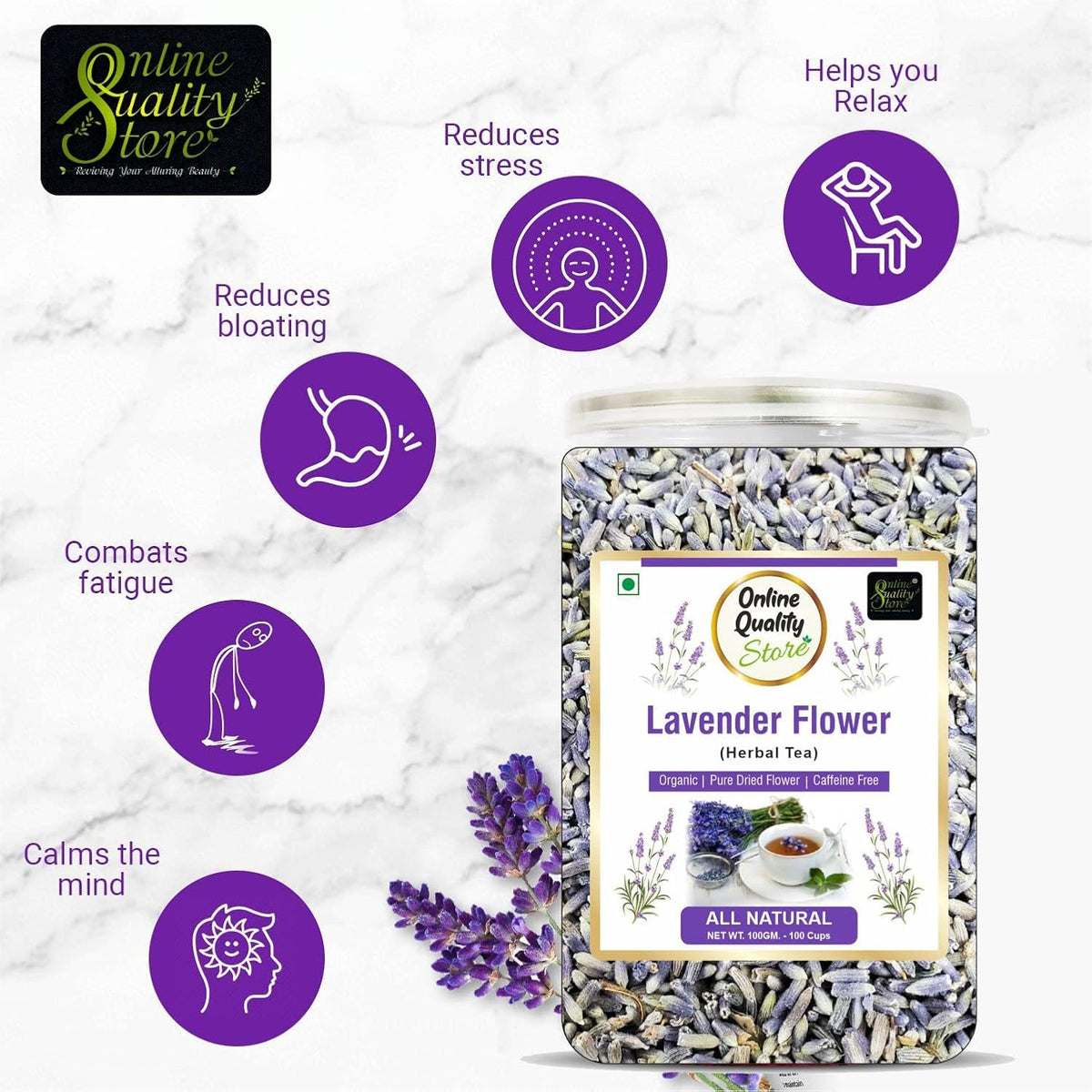 Online Quality Store Lavender Flower Tea -100g | Sun Dried Lavender Flowers Herbal Tea | Stress Relief| Iced Tea