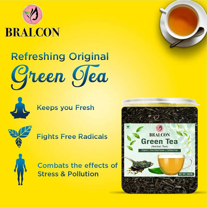 BRALCON Organic Green Tea - 100g | 100% Pure & Natural Herbal Leaves | Whole Long Leaf | Boost immunity