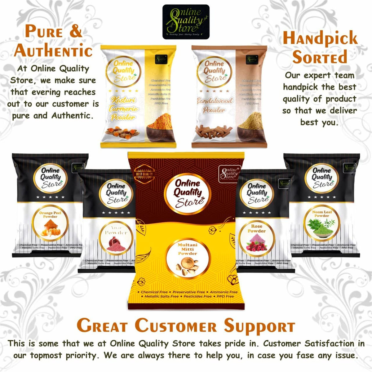 Online Quality Store Face Pack, Combo Pack of Multani Mitti 300g, Chandan Powder 100g, Orange Peel Powder 100g, Neem Powder100g and Rose Powder 100g, Kasturi Turmeric 100 g, Pomegranate Powder 100 g
