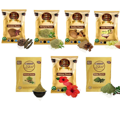 Online Quality Store Reetha (50g) + Amla (50g) + Shikakai (50g) + Bhringraj (50g) + Hibiscus (50g) + Mehandi (50g) + free Indigo (50g) Powder For Hairs, 350g