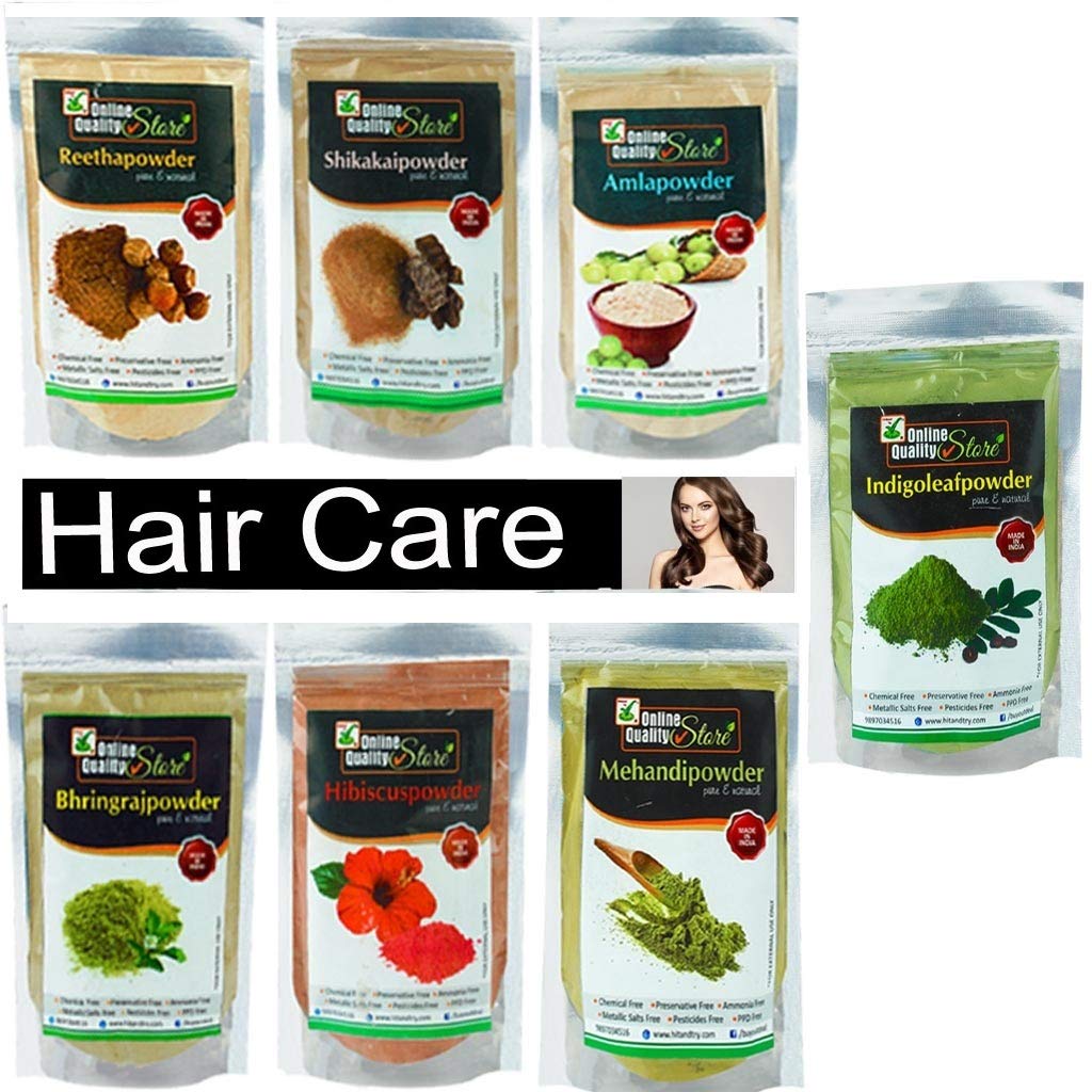 Online Quality Store Reetha (200g) + Amla (200g) + Shikakai (200g) + Bhringraj (200g) + Hibiscus (200g) + Mehandi (200g) + FREE Indigo (200g) Powder For Hairs, 1400g