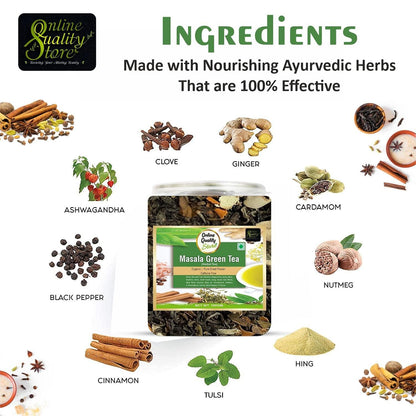 Online Quality Store Organic Masala Green Tea - 100g | Blended with Green Tea & Ayurvedic Herbs | Herbal Green Tea Leaves | Whole Green Tea Leaf
