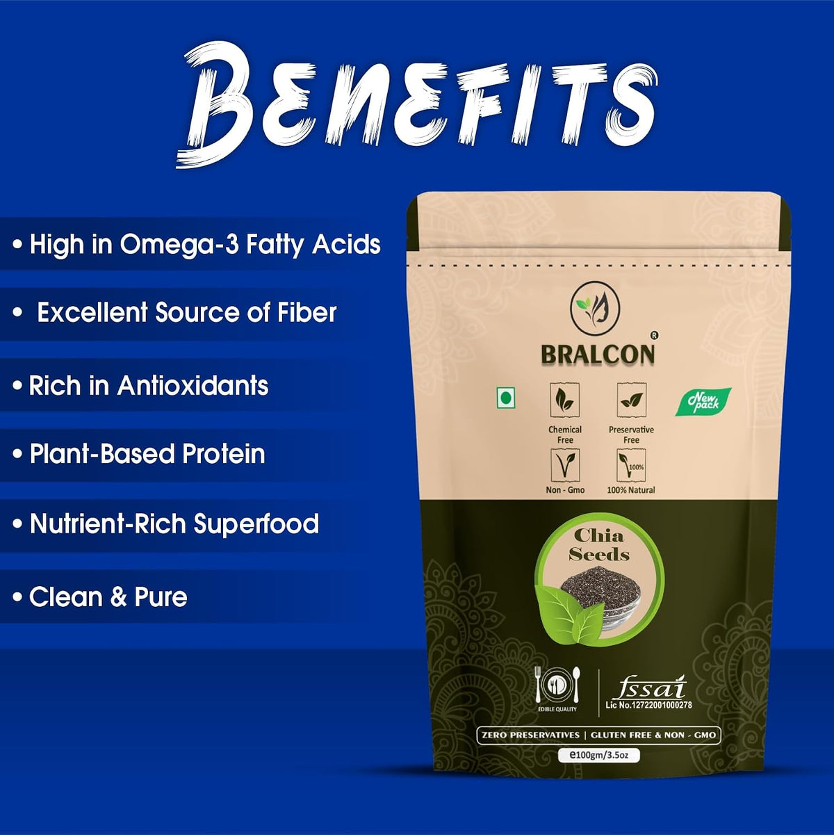 BRALCON Raw Unroasted Organic Chia Seeds -100gm(Pack of 2)