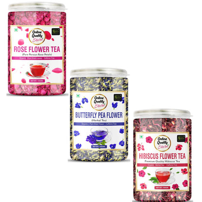 Online Quality Store Organic Hibiscus Flower Tea, Butterfly Pea Flower Tea, Rose Flower Tea Combo- 300g(100g x 3 Pack)|Caffeine Free Herbal Tea|Premium Hibiscus Tea|Blue Pea Tea|Rose Tea|Reduce Stress