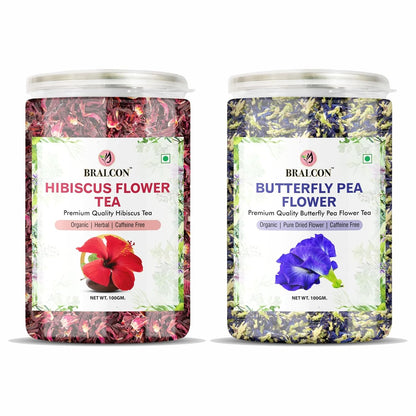 BRALCON Organic Herbal Tea Combo Pack- Hibiscus Flower Tea and Butterfly Pea Flower Tea- 200g(100g x 2 Pack)
