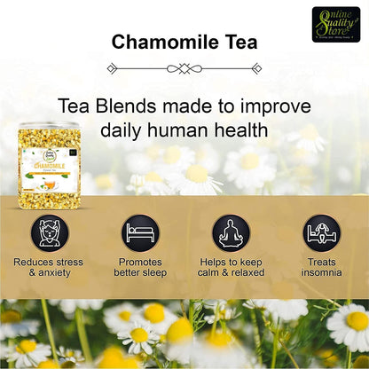 Online Quaity Store Organic Chamomile Flower Tea - 50g | Caffeine Free Herbal Tea | Sleep Tea & Stress Relief | 100% Natural Chamomile Flower Tea Leaves