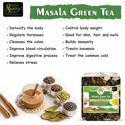 Online Quality Store Organic Masala Green Tea - 100g | Blended with Green Tea & Ayurvedic Herbs | Herbal Green Tea Leaves | Whole Green Tea Leaf