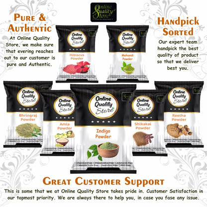 Online Quality Store Reetha (100g) + Amla (100g) + Shikakai (100g) + Bhringraj (100g) + Hibiscus (100g) + Mehandi (100g) + FREE Indigo (100g) Powder For Hairs, 700g