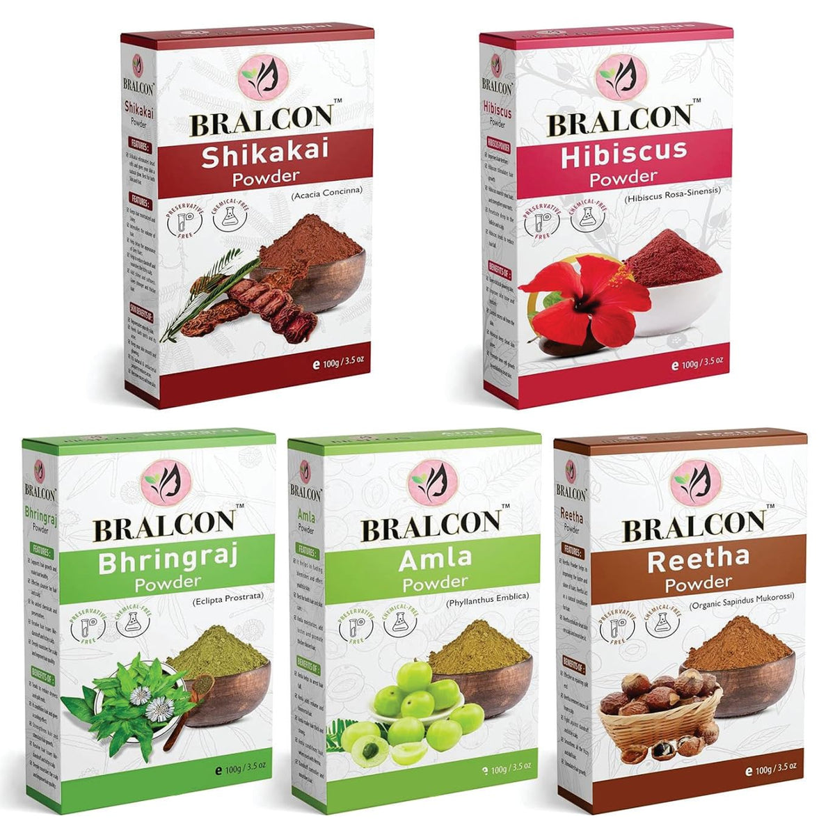 BRALCON Organic Amla, Reetha, Shikakai, Bhringraj, Hibiscus Powder Combo-500g (100g x 5 Pack)