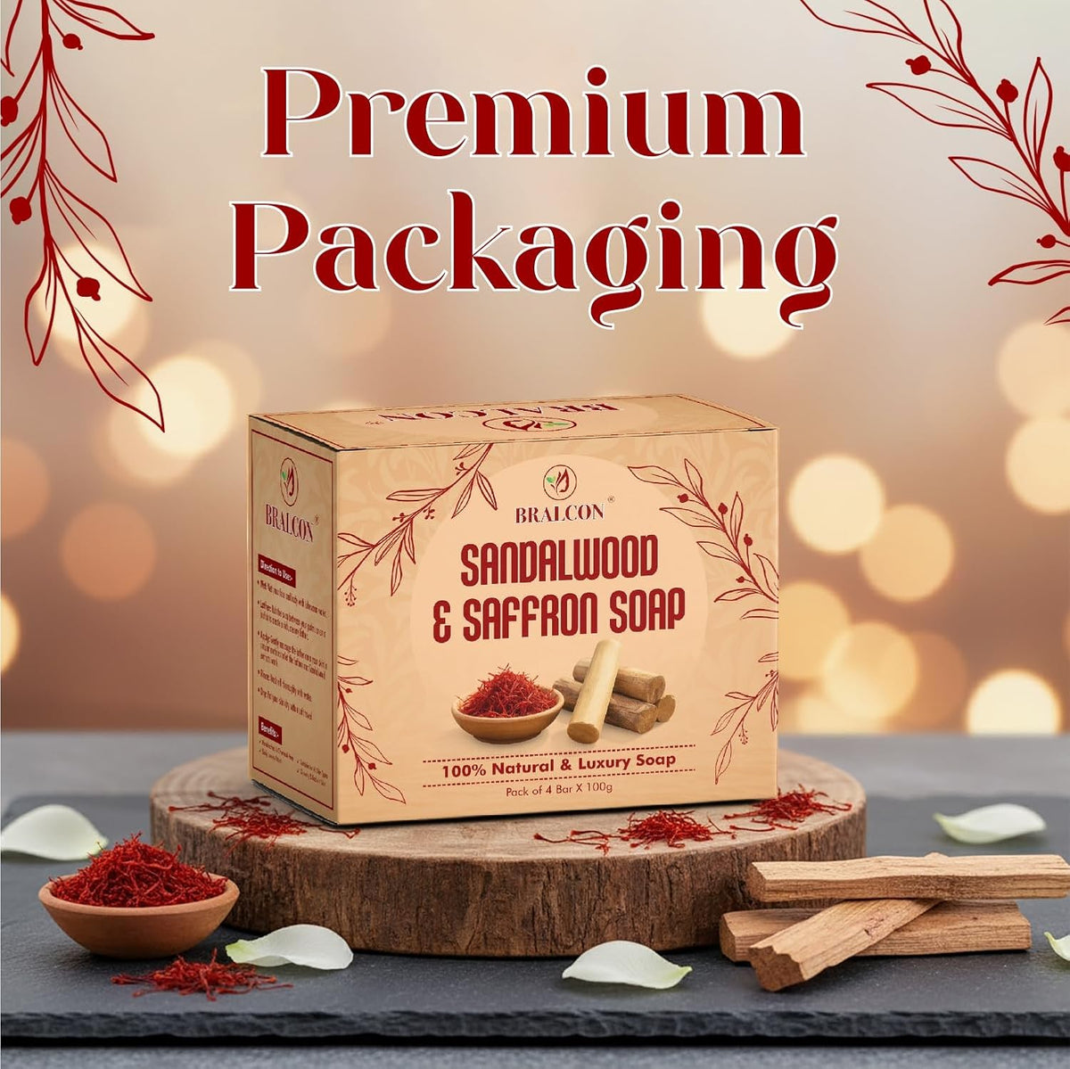 Sandalwood and Saffron Natural Luxury Soap, 100g Bars, Pack of 4, 100% Natural Ingredients