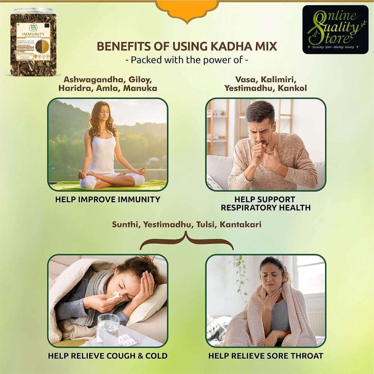 Online Quality Store Immunity Booster Tea - 100g | Blended with 12 Herbs (Ashwagandha, Licorice, Cloves, Cardamom, Cumin, Fennel, Cinnamon, Black Pepper, Tulsi Leaves, Mint Powder, Turmeric, Ginger)