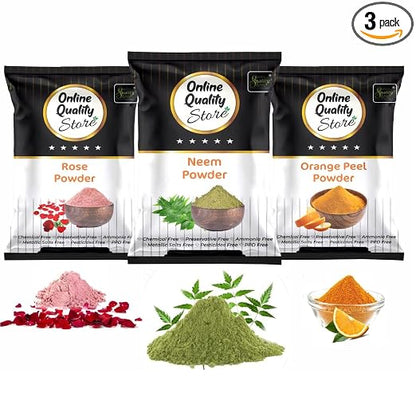 Online Quality Store Organic Neem Leaves Powder (100g) + Rose Petals Powder (100g) + Orange Peel Powder (100g), 300g