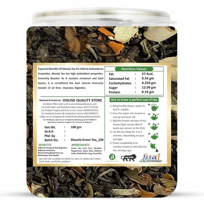 Online Quality Store Organic Masala Green Tea - 100g | Blended with Green Tea & Ayurvedic Herbs | Herbal Green Tea Leaves | Whole Green Tea Leaf