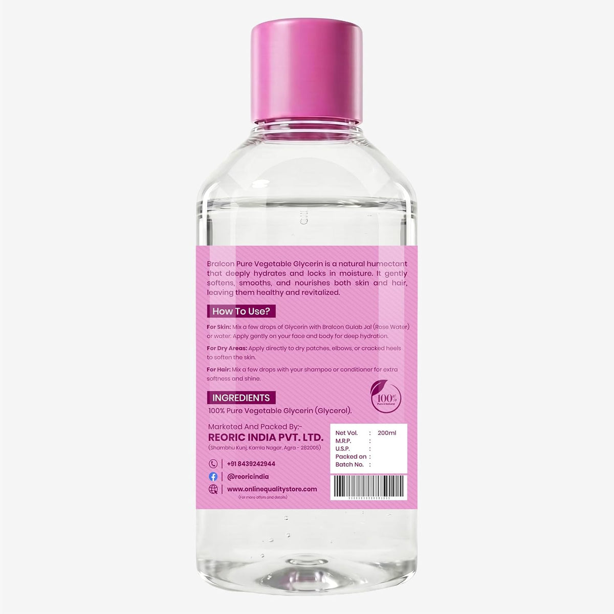 BRALCON Gulab Jal Rose Water (100ml) + Pure Glycerin (200ml) Liquid Combo Pack