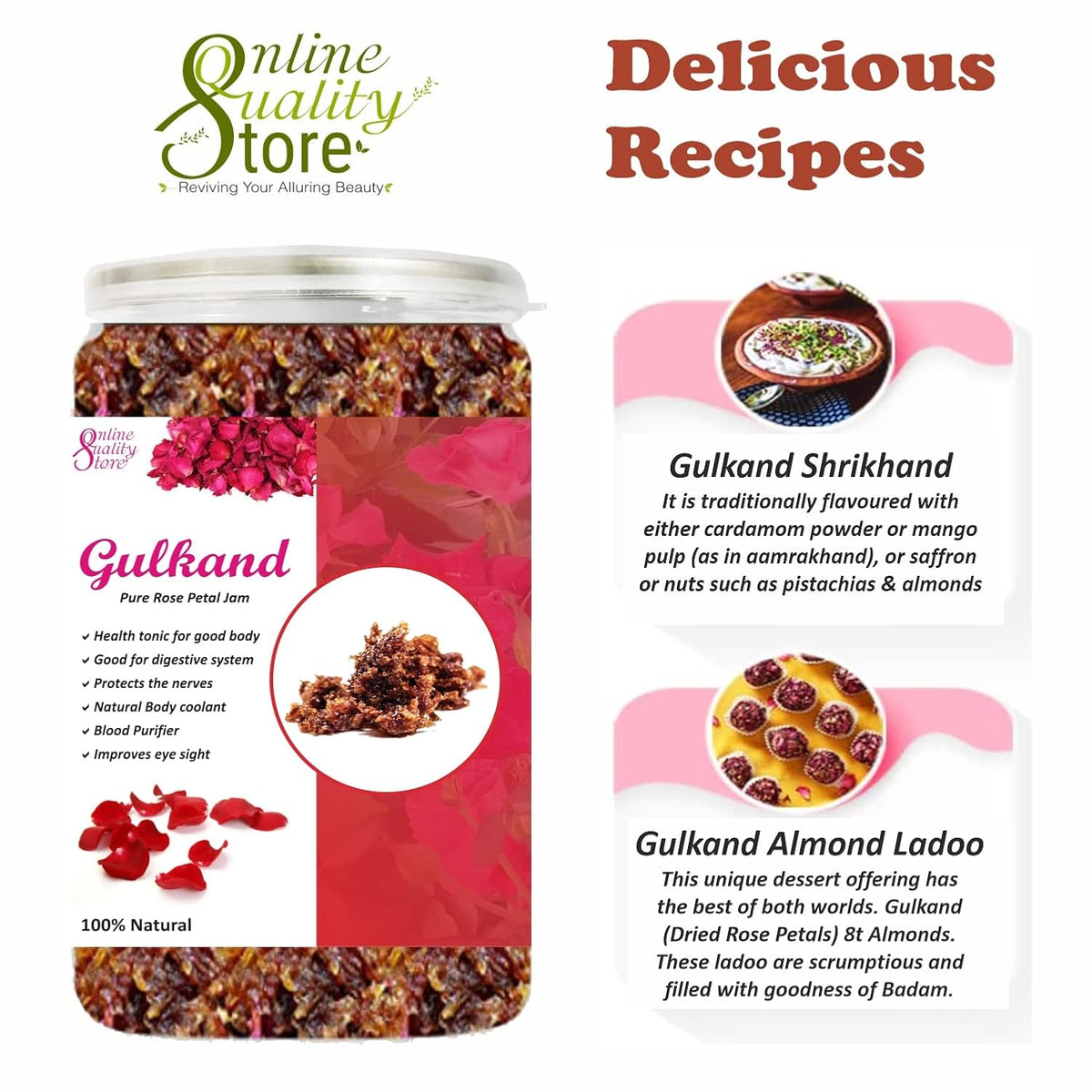 Online Quality Store Natural Gulkand (Rose Petal Jam), 900g | Sun-Cooked Damask Rose Petals & Rock Sugar |Pure gulkand Organic| Gulkand for Paan