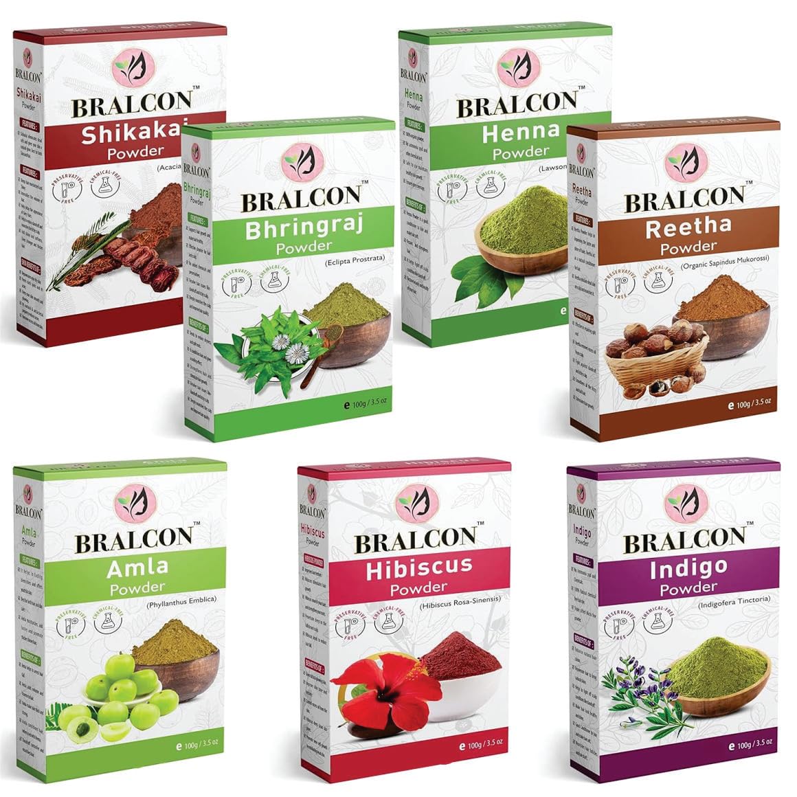 BRALCON Organic Amla Powder, Reetha Powder, Shikakai Powder, Bhringraj Powder, Hibiscus Powder, Henna Powder, Indigo Powder Combo-700g(100g x 7 Pack)