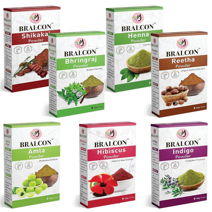 BRALCON Organic Amla Powder, Reetha Powder, Shikakai Powder, Bhringraj Powder, Hibiscus Powder, Henna Powder, Indigo Powder Combo-700g(100g x 7 Pack)