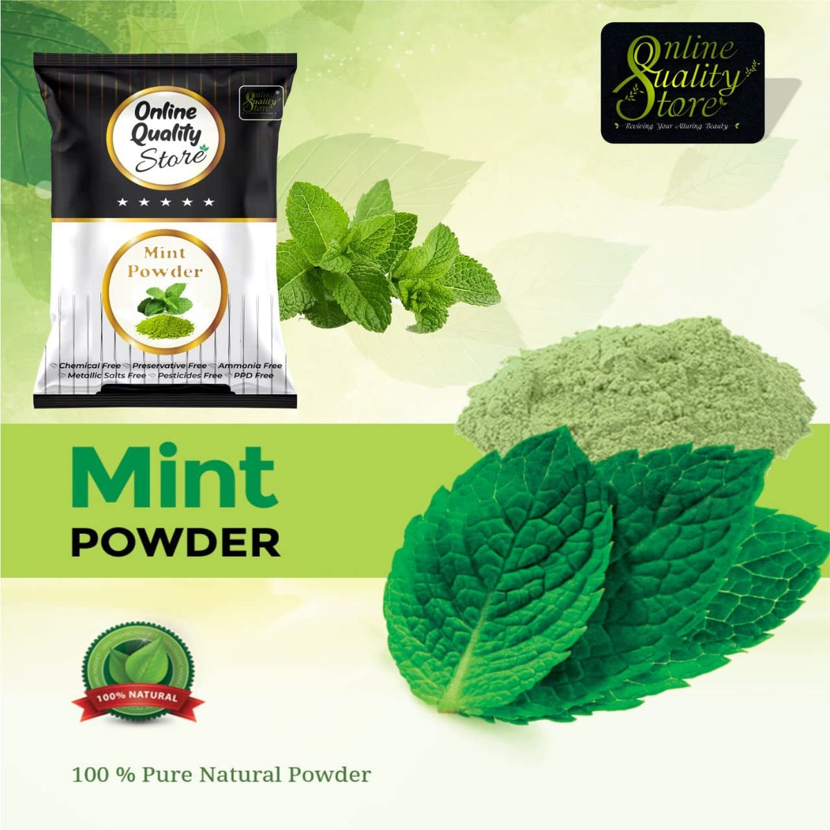 Online Quality Store Herbal Mint Powder for Hair and Face |Pudina Powder for Face |Mint Powder for Skin | Mint Powder for Hair | No added Chemicals, 100 Grams