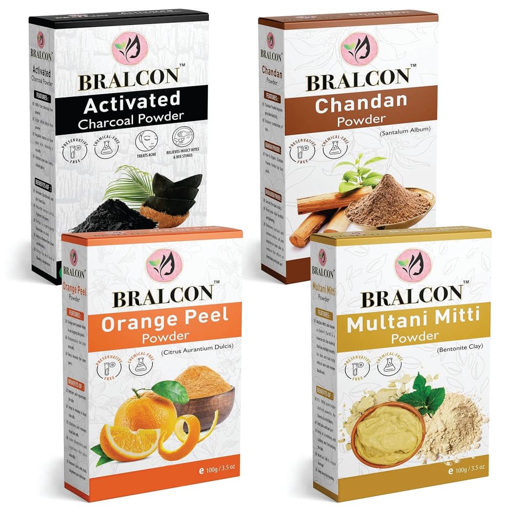 BRALCON Activated Charcoal, Chandan, Orange, Multani Mitti Powder Combo-400g(100g x 4 Pack)