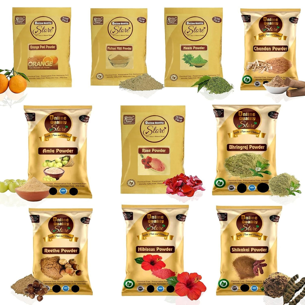 Online Quality Store Multani Mitti powder, Chandan, Orange Peel, Neem, Rose, Amla, Reetha, Shikakai, Bhringraj, Hibiscus powder |face pack,hair pack |organic powder for face,hairs(40g each)combo Pack of 400g