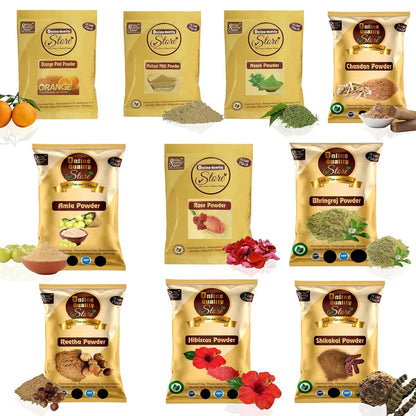 Online Quality Store Multani Mitti powder, Chandan, Orange Peel, Neem, Rose, Amla, Reetha, Shikakai, Bhringraj, Hibiscus powder |face pack,hair pack |organic powder for face,hairs(40g each)combo Pack of 400g