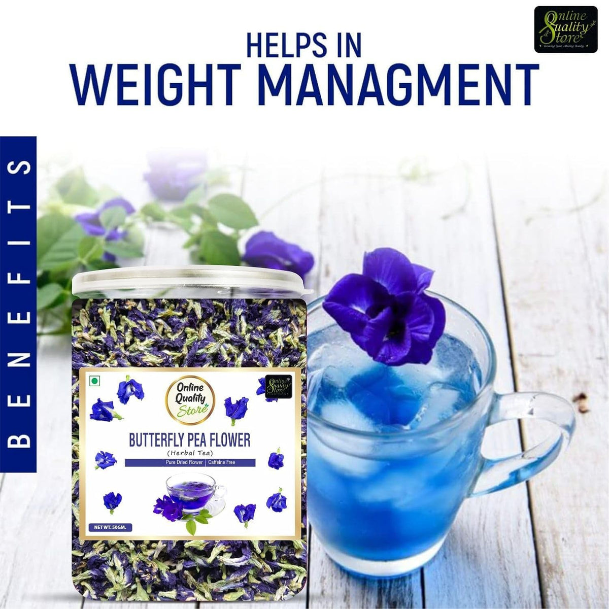 Online Quality Store Organic Butterfly Pea Flower Tea-50 Gram|Blue Pea Tea|Relieves Stress|Hot Tea, Iced Tea|Caffeine Free Herbal Tea