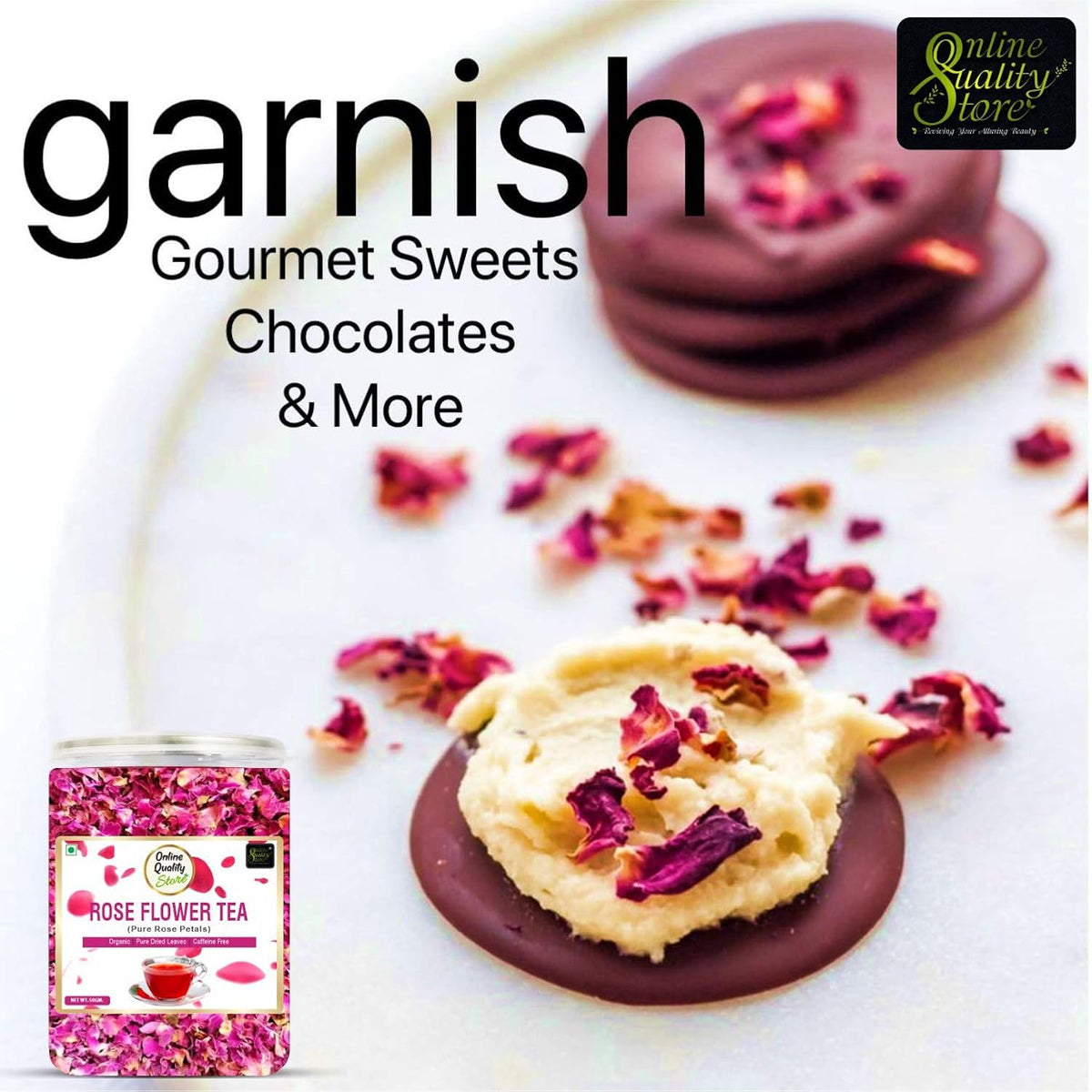 Online Quality Store Organic Rose Flower Tea - 50g | Pure Rose Petals | Caffeine Free Herbal Tea | Use for Iced Tea, Cocktails