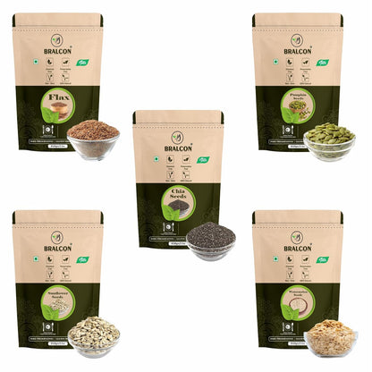 BRALCON Seeds Combo of Chia, Watermelon, Pumpkin, Sunflower, Flax Seeds - 500g (5 x 100g Each Pack)