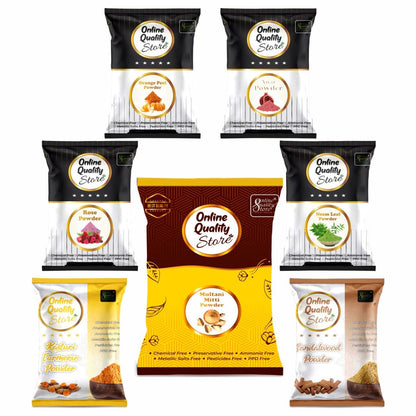 Online Quality Store Face Pack, Combo Pack of Multani Mitti 300g, Chandan Powder 100g, Orange Peel Powder 100g, Neem Powder100g and Rose Powder 100g, Kasturi Turmeric 100 g, Pomegranate Powder 100 g