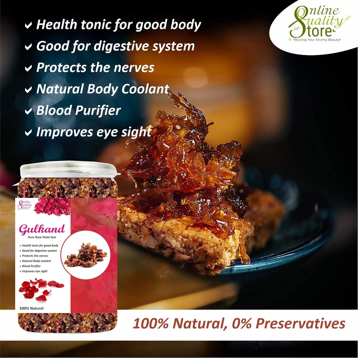 Online Quality Store Natural Gulkand (Rose Petal Jam), 900g | Sun-Cooked Damask Rose Petals & Rock Sugar |Pure gulkand Organic| Gulkand for Paan