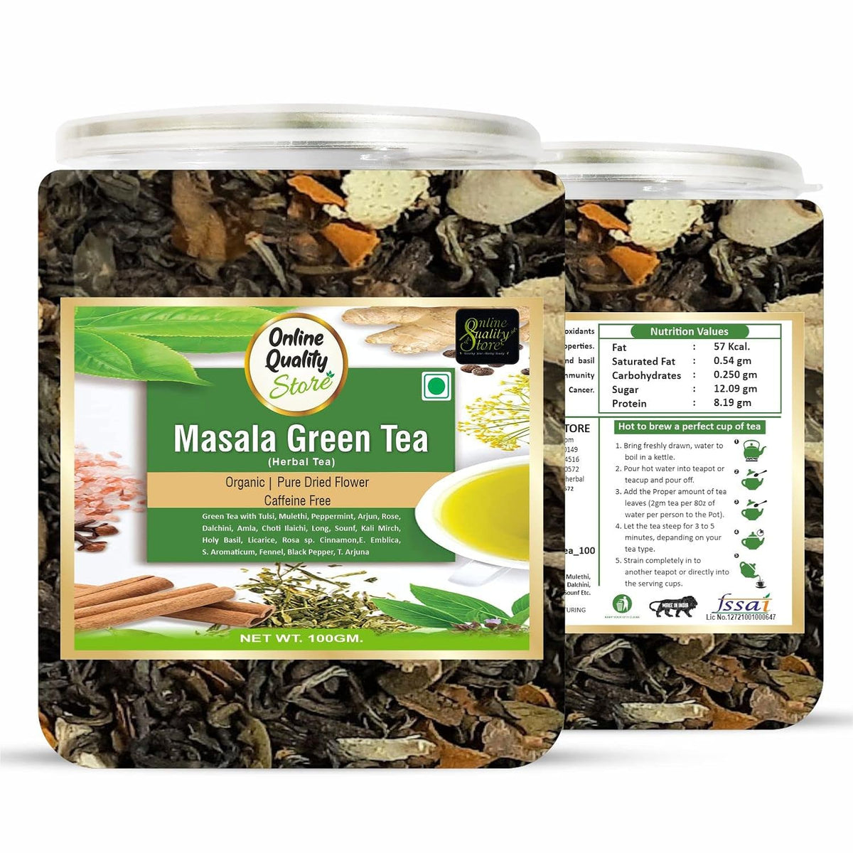 Online Quality Store Organic Masala Green Tea - 100g | Blended with Green Tea & Ayurvedic Herbs | Herbal Green Tea Leaves | Whole Green Tea Leaf