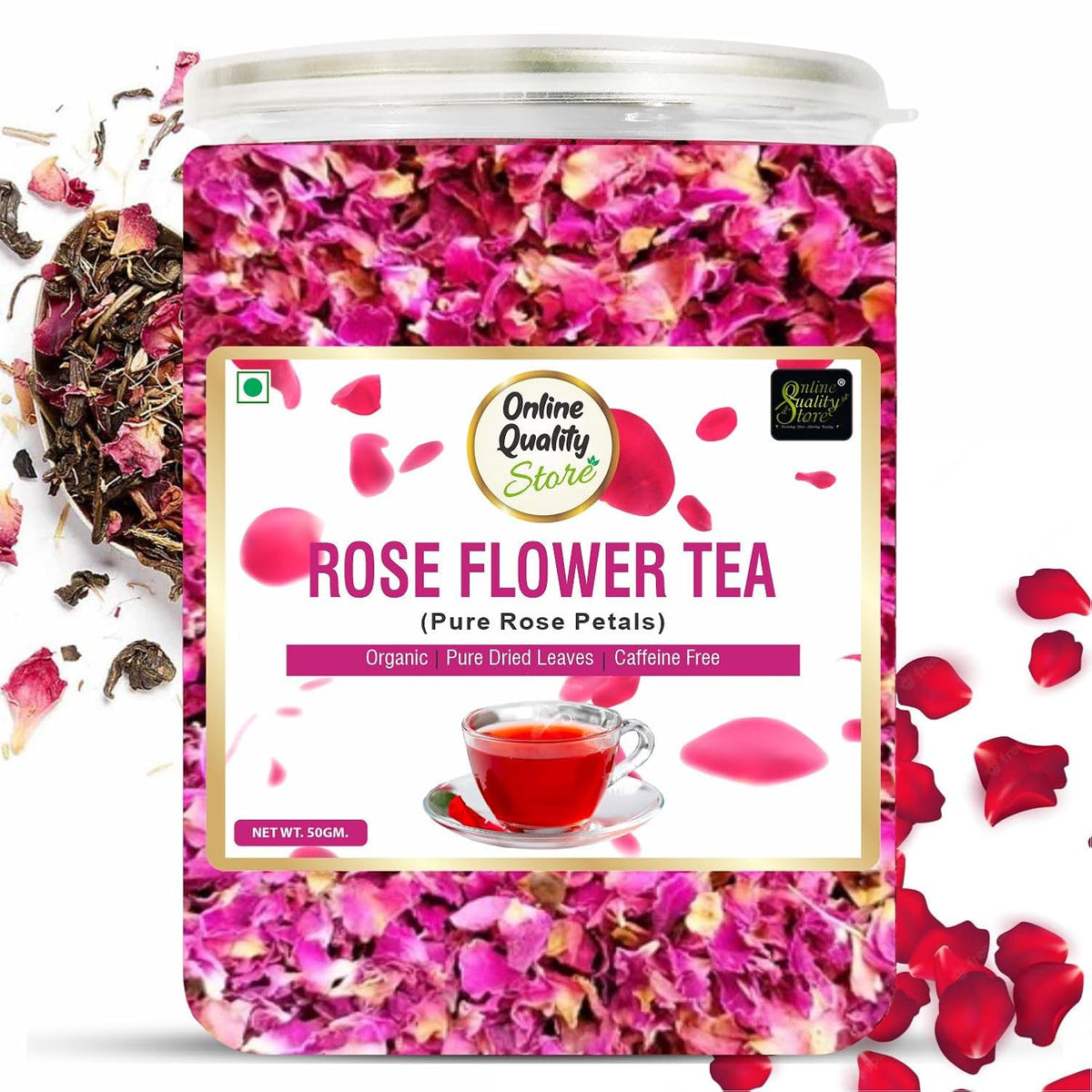 Online Quality Store Organic Rose Flower Tea - 50g | Pure Rose Petals | Caffeine Free Herbal Tea | Use for Iced Tea, Cocktails