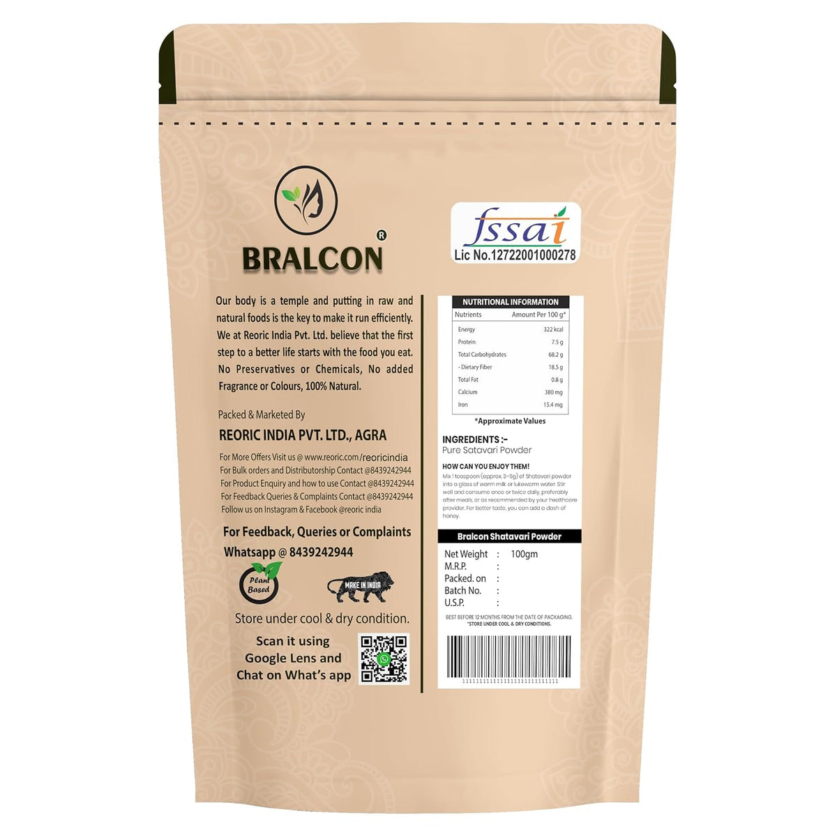 BRALCON Pure Shatavari Powder -100g