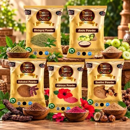 Online Quality Store Amla, Reetha, Shikakai, bhringraj , Hibiscus Powder Combo for Long, Lustrous and Healthy Hair -250g(Certified ,50g each, Organic hair pack)