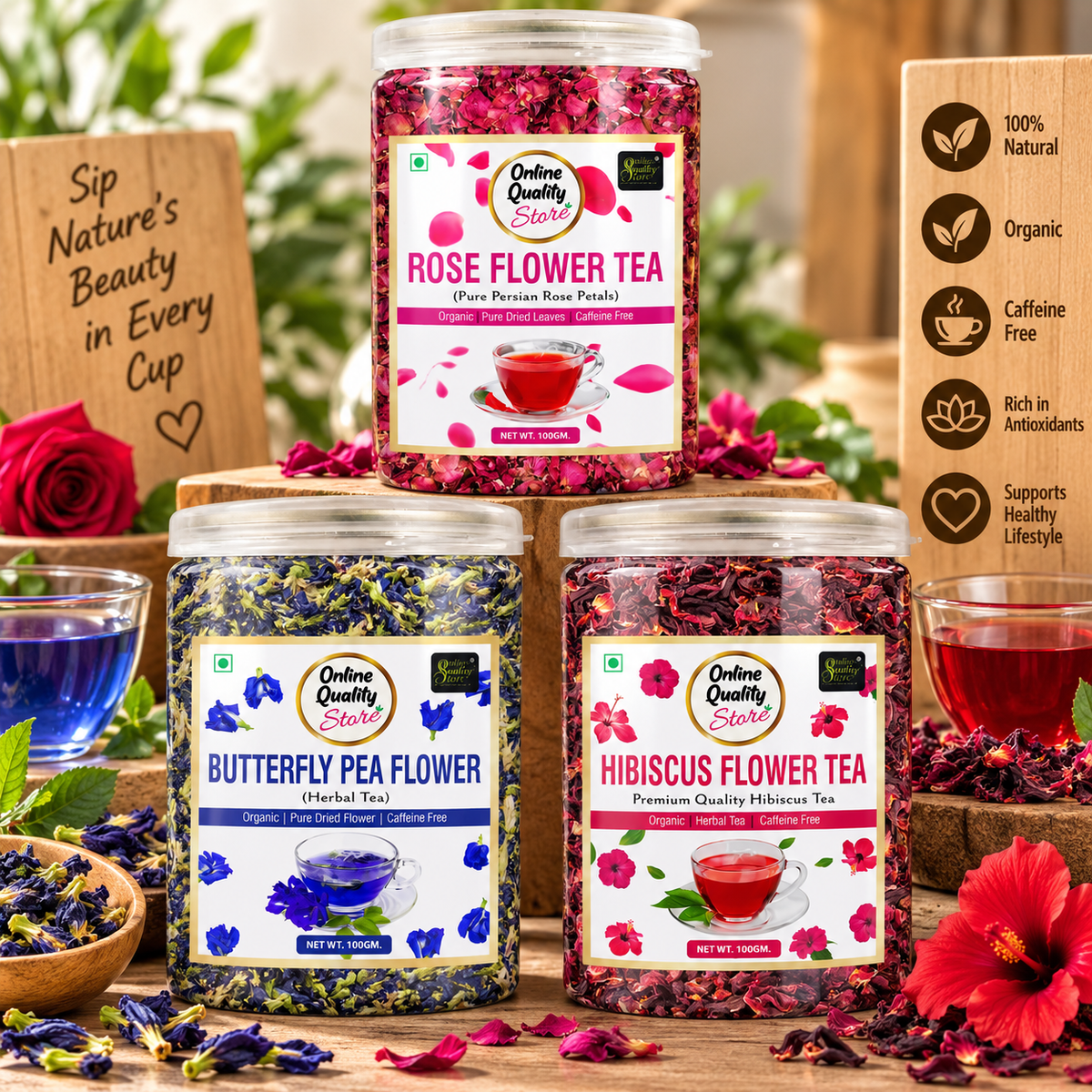 Online Quality Store Organic Hibiscus Flower Tea, Butterfly Pea Flower Tea, Rose Flower Tea Combo- 300g(100g x 3 Pack)|Caffeine Free Herbal Tea|Premium Hibiscus Tea|Blue Pea Tea|Rose Tea|Reduce Stress