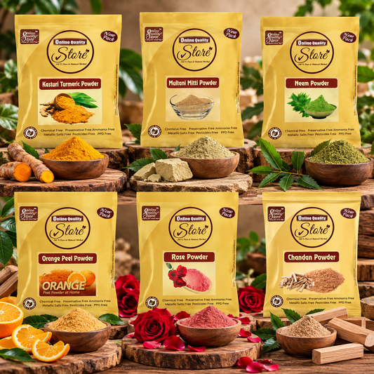 Online Quality Store Combo of Multani Mitti Powder (50g) with Kasturi Turmeric Powder (50g) Orange Powder (50g), Neem Powder (50g), Chandan Powder (50g) and Rose Powder (50g) (Total 300g, Pack of 6)