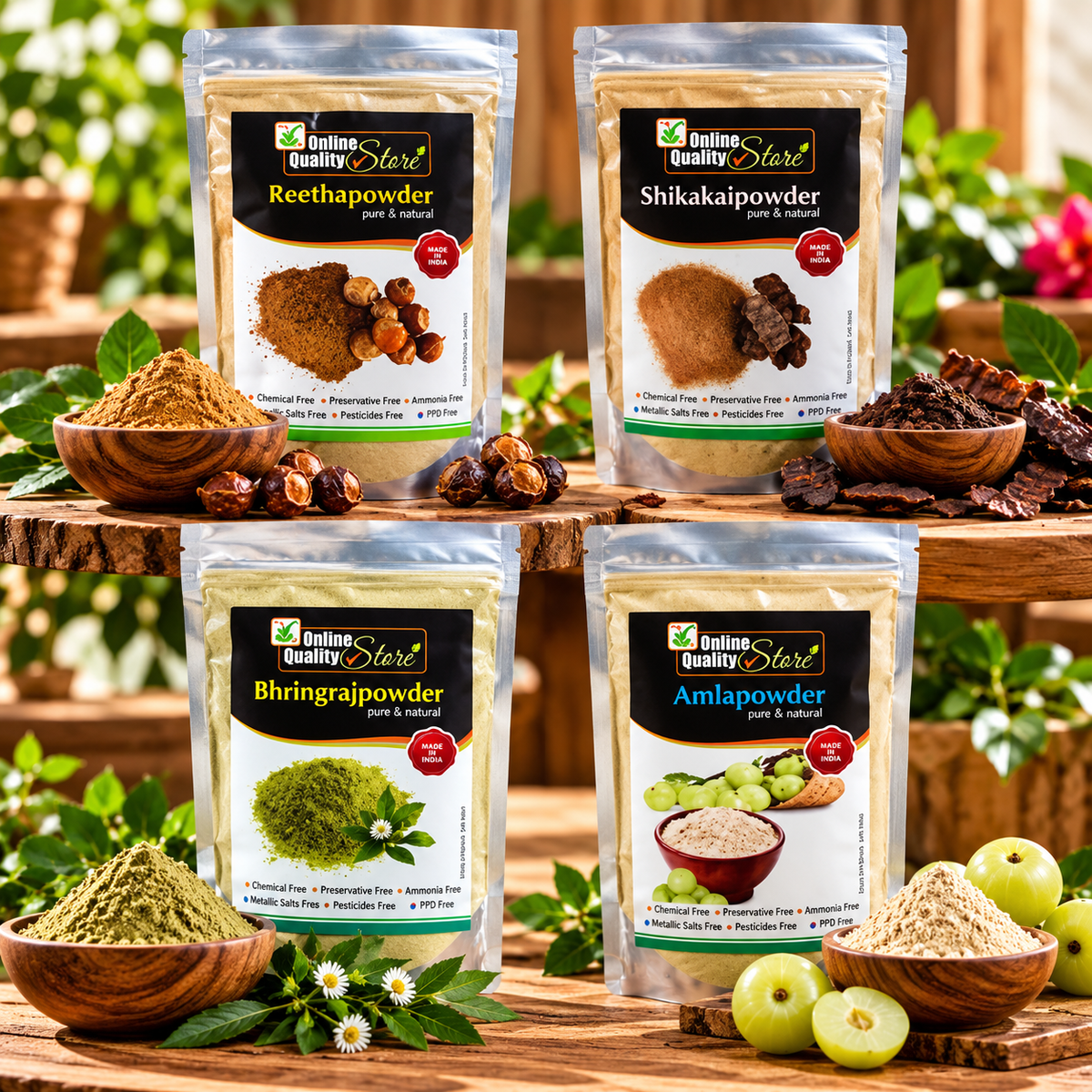 Online Quality Store Amla Reetha Shikakai Bhringraj Powder (225 g x 4) -All Are in Separate Packaging