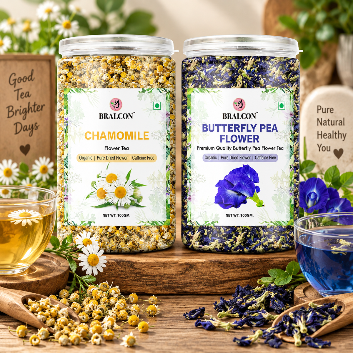 BRALCON Organic Herbal Tea Combo Pack- Butterfly Pea Flower Tea and Chamomile Flower Tea- 200g(100g x 2 Pack)