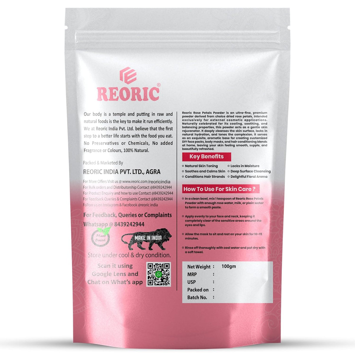 REORIC Rose Petal Powder for Face Pack & Skin Care -100g