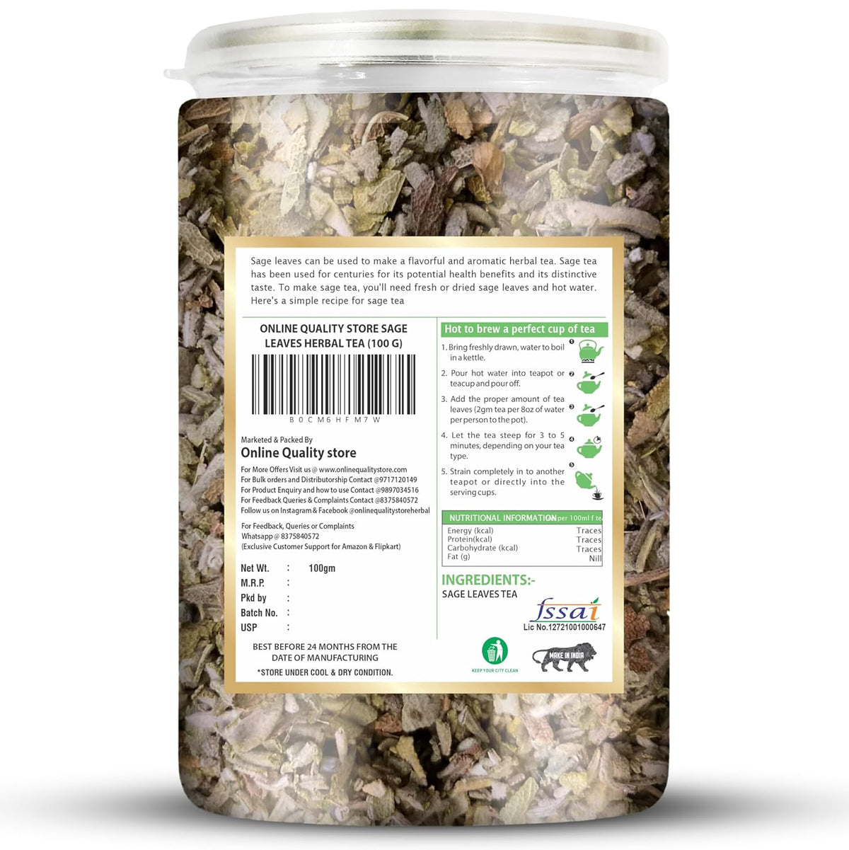 Online Quality Store Dried Sage Leaves Tea 100gm | 100% Pure & Original Sage Leaves Herbal Tea