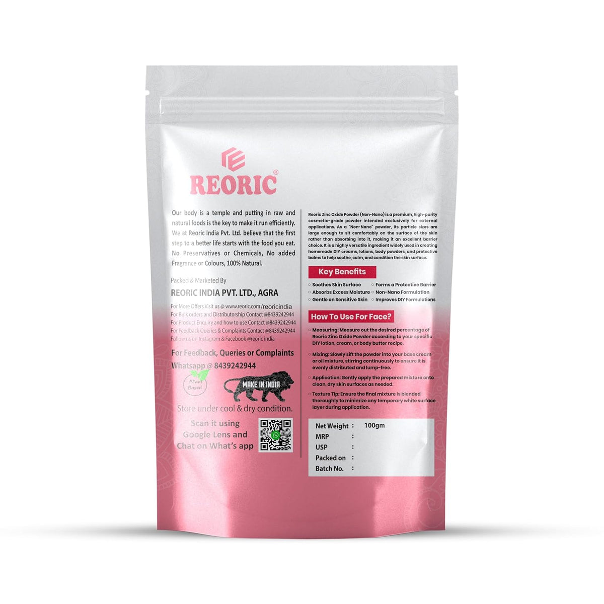 Reoric Non Nano Zinc Oxide Powder -100g