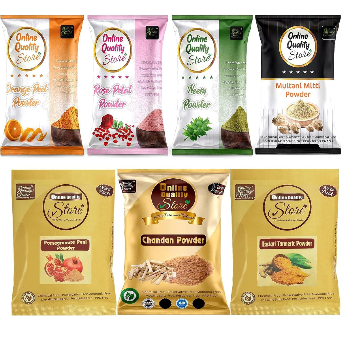 Online Quality Store face pack for glowing skin and pimples combo pack of :-( Multani Mitti 100g,Chandan Powder 50g,Orange Peel Powder 50g, Neem Powder 50g and Rose Powder 50g,kasturi turmeric 50 gm,pomegranate powder 50 gm , 400g