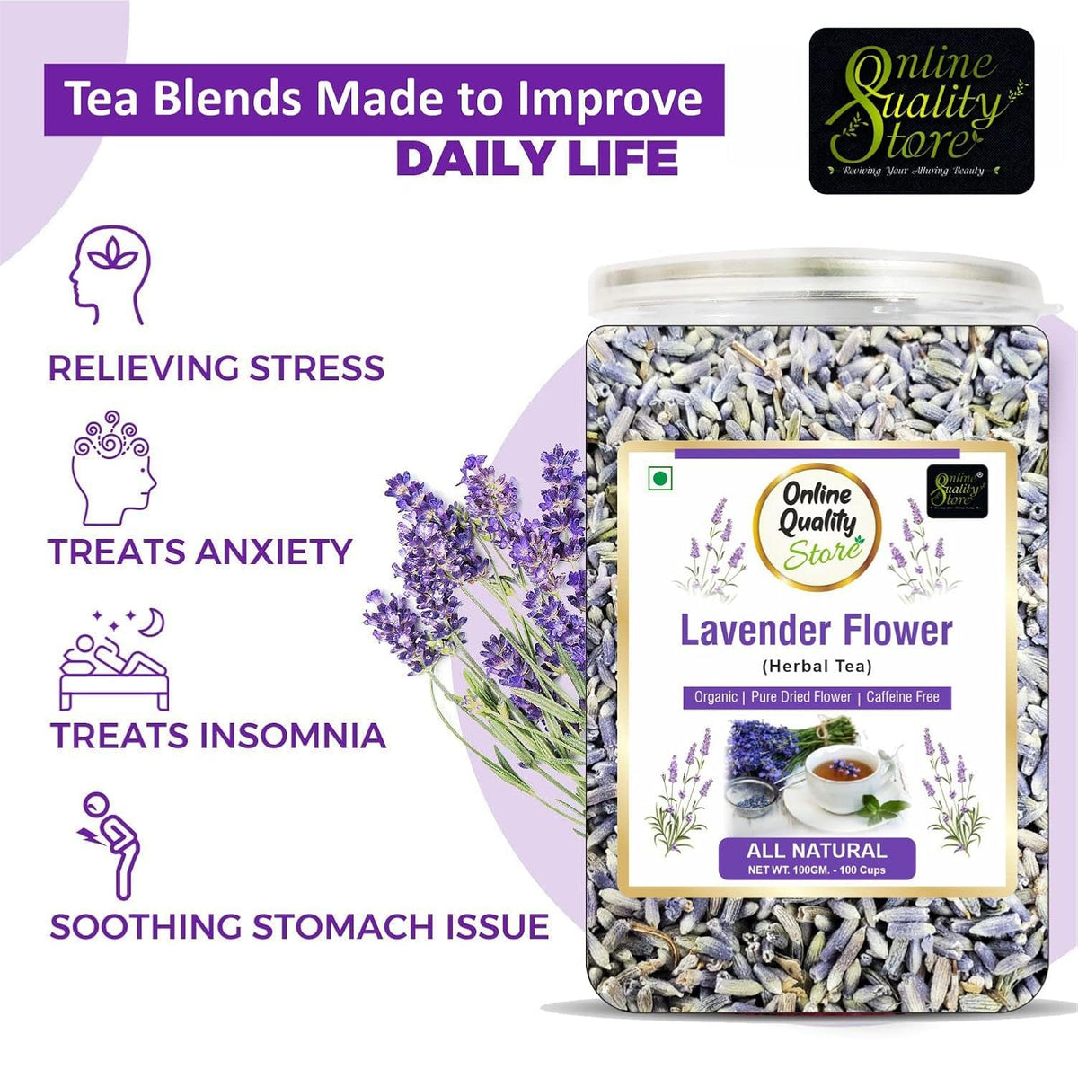 Online Quality Store Lavender Flower Tea -100g | Sun Dried Lavender Flowers Herbal Tea | Stress Relief| Iced Tea